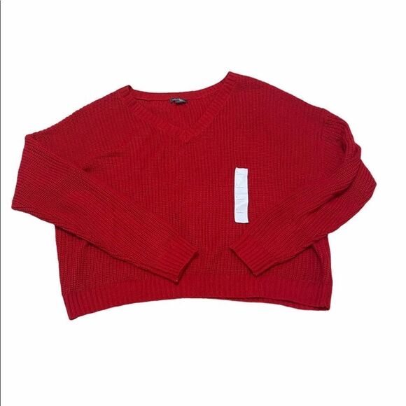 Wild Fable Sweater Cropped Knit‎ Long Sleeve V-Neck Pullover Red Large - Picture 12 of 13